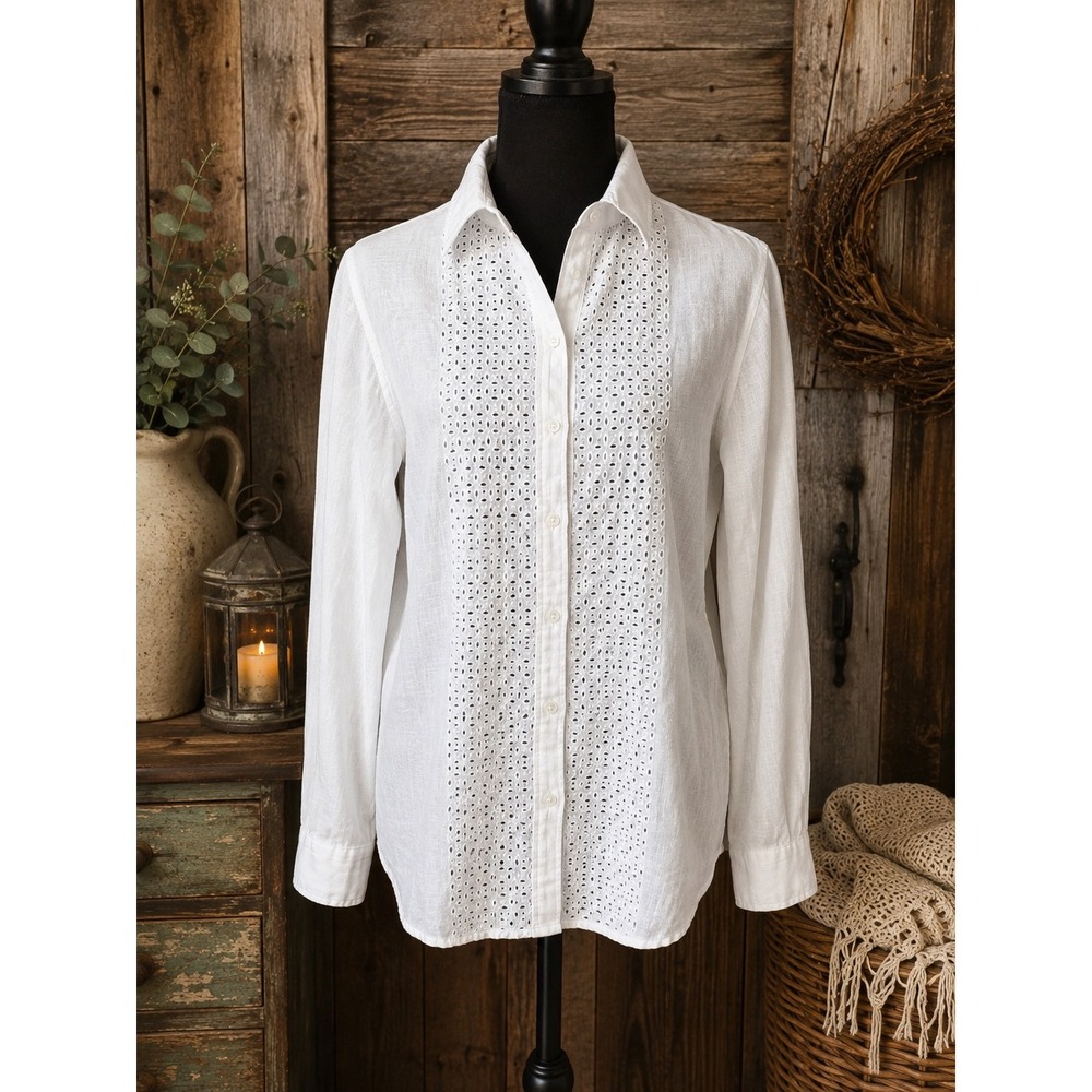 Talbots Womens White 100% Linen Eyelet Lace Bib Button Down Shirt Small Coastal